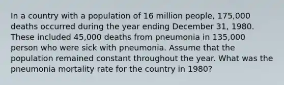 In a country with a population of 16 million people, 175,000 deaths occurred during the year ending December 31, 1980. These included 45,000 deaths from pneumonia in 135,000 person who were sick with pneumonia. Assume that the population remained constant throughout the year. What was the pneumonia mortality rate for the country in 1980?