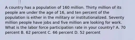 A country has a population of 160 million. Thirty million of its people are under the age of 16, and ten percent of the population is either in the military or institutionalized. Seventy million people have jobs and five million are looking for work. What is the labor force participation rate in your country? A. 70 percent B. 62 percent C. 66 percent D. 52 percent