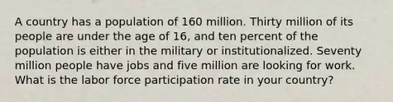 A country has a population of 160 million. Thirty million of its people are under the age of 16, and ten percent of the population is either in the military or institutionalized. Seventy million people have jobs and five million are looking for work. What is the labor force participation rate in your country?