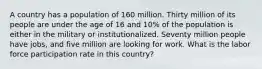 A country has a population of 160 million. Thirty million of its people are under the age of 16 and 10% of the population is either in the military or institutionalized. Seventy million people have jobs, and five million are looking for work. What is the labor force participation rate in this country?