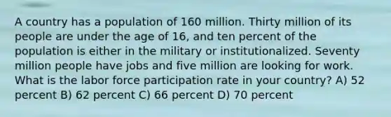 A country has a population of 160 million. Thirty million of its people are under the age of 16, and ten percent of the population is either in the military or institutionalized. Seventy million people have jobs and five million are looking for work. What is the labor force participation rate in your country? A) 52 percent B) 62 percent C) 66 percent D) 70 percent