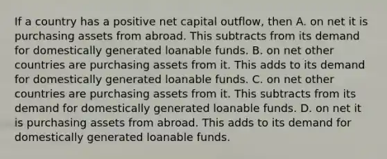 If a country has a positive net capital outflow, then A. on net it is purchasing assets from abroad. This subtracts from its demand for domestically generated loanable funds. B. on net other countries are purchasing assets from it. This adds to its demand for domestically generated loanable funds. C. on net other countries are purchasing assets from it. This subtracts from its demand for domestically generated loanable funds. D. on net it is purchasing assets from abroad. This adds to its demand for domestically generated loanable funds.