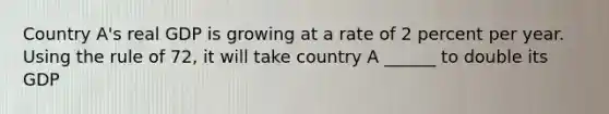 Country A's real GDP is growing at a rate of 2 percent per year. Using the rule of 72, it will take country A ______ to double its GDP