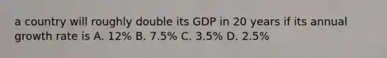 a country will roughly double its GDP in 20 years if its annual growth rate is A. 12% B. 7.5% C. 3.5% D. 2.5%