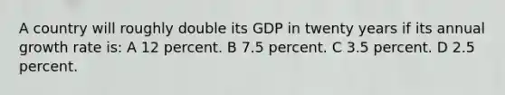 A country will roughly double its GDP in twenty years if its annual growth rate is: A 12 percent. B 7.5 percent. C 3.5 percent. D 2.5 percent.