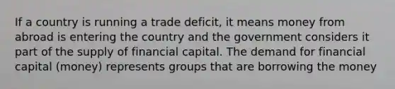 If a country is running a trade deficit, it means money from abroad is entering the country and the government considers it part of the supply of financial capital. The demand for financial capital (money) represents groups that are borrowing the money