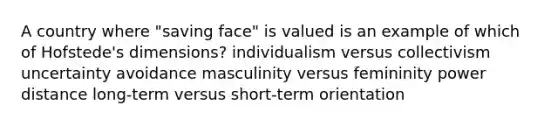 A country where "saving face" is valued is an example of which of Hofstede's dimensions? individualism versus collectivism uncertainty avoidance masculinity versus femininity power distance long-term versus short-term orientation