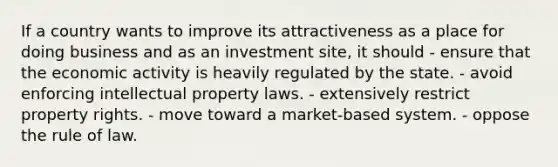 If a country wants to improve its attractiveness as a place for doing business and as an investment site, it should - ensure that the economic activity is heavily regulated by the state. - avoid enforcing intellectual property laws. - extensively restrict property rights. - move toward a market-based system. - oppose the rule of law.