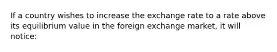 If a country wishes to increase the exchange rate to a rate above its equilibrium value in the foreign exchange market, it will notice: