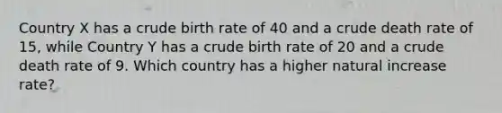 Country X has a crude birth rate of 40 and a crude death rate of 15, while Country Y has a crude birth rate of 20 and a crude death rate of 9. Which country has a higher natural increase rate?