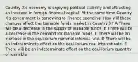 Country X's economy is enjoying political stability and attracting an increase in foreign financial capital. At the same time Country X's government is borrowing to finance spending. How will these changes affect the loanable funds market in Country X? A There will be a decrease in the supply of loanable funds. B There will be a decrease in the demand for loanable funds. C There will be an increase in the equilibrium nominal interest rate. D There will be an indeterminate effect on the equilibrium real interest rate. E There will be an indeterminate effect on the equilibrium quantity of loanable