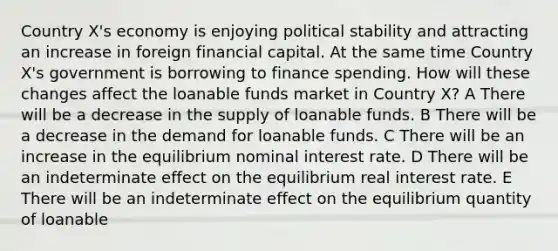 Country X's economy is enjoying political stability and attracting an increase in foreign financial capital. At the same time Country X's government is borrowing to finance spending. How will these changes affect the loanable funds market in Country X? A There will be a decrease in the supply of loanable funds. B There will be a decrease in the demand for loanable funds. C There will be an increase in the equilibrium nominal interest rate. D There will be an indeterminate effect on the equilibrium real interest rate. E There will be an indeterminate effect on the equilibrium quantity of loanable