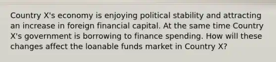 Country X's economy is enjoying political stability and attracting an increase in foreign financial capital. At the same time Country X's government is borrowing to finance spending. How will these changes affect the loanable funds market in Country X?