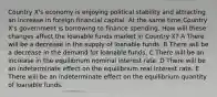 Country X's economy is enjoying political stability and attracting an increase in foreign financial capital. At the same time Country X's government is borrowing to finance spending. How will these changes affect the loanable funds market in Country X? A There will be a decrease in the supply of loanable funds. B There will be a decrease in the demand for loanable funds. C There will be an increase in the equilibrium nominal interest rate. D There will be an indeterminate effect on the equilibrium real interest rate. E There will be an indeterminate effect on the equilibrium quantity of loanable funds.