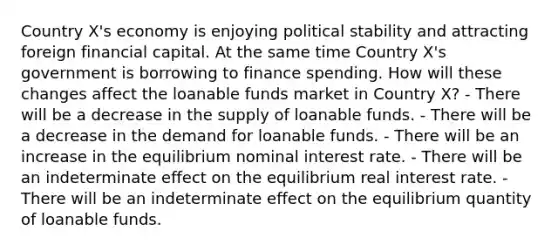 Country X's economy is enjoying political stability and attracting foreign financial capital. At the same time Country X's government is borrowing to finance spending. How will these changes affect the loanable funds market in Country X? - There will be a decrease in the supply of loanable funds. - There will be a decrease in the demand for loanable funds. - There will be an increase in the equilibrium nominal interest rate. - There will be an indeterminate effect on the equilibrium real interest rate. - There will be an indeterminate effect on the equilibrium quantity of loanable funds.