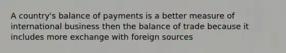 A country's balance of payments is a better measure of international business then the balance of trade because it includes more exchange with foreign sources