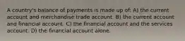 A country's balance of payments is made up of: A) the current account and merchandise trade account. B) the current account and financial account. C) the financial account and the services account. D) the financial account alone.