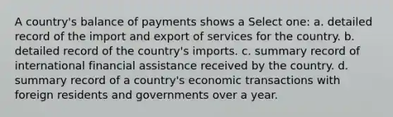 A country's balance of payments shows a Select one: a. detailed record of the import and export of services for the country. b. detailed record of the country's imports. c. summary record of international financial assistance received by the country. d. summary record of a country's economic transactions with foreign residents and governments over a year.