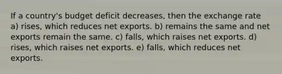 If a country's budget deficit decreases, then the exchange rate a) rises, which reduces net exports. b) remains the same and net exports remain the same. c) falls, which raises net exports. d) rises, which raises net exports. e) falls, which reduces net exports.