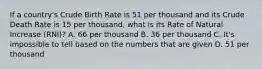 If a country's Crude Birth Rate is 51 per thousand and its Crude Death Rate is 15 per thousand, what is its Rate of Natural Increase (RNI)? A. 66 per thousand B. 36 per thousand C. It's impossible to tell based on the numbers that are given D. 51 per thousand