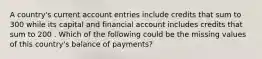 A country's current account entries include credits that sum to 300 while its capital and financial account includes credits that sum to 200 . Which of the following could be the missing values of this country's balance of payments?