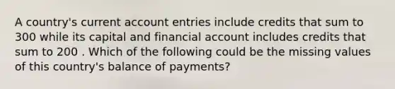 A country's current account entries include credits that sum to 300 while its capital and financial account includes credits that sum to 200 . Which of the following could be the missing values of this country's balance of payments?