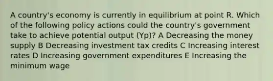 A country's economy is currently in equilibrium at point R. Which of the following policy actions could the country's government take to achieve potential output (Yp)? A Decreasing the money supply B Decreasing investment tax credits C Increasing interest rates D Increasing government expenditures E Increasing the minimum wage