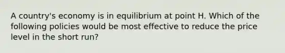 A country's economy is in equilibrium at point H. Which of the following policies would be most effective to reduce the price level in the short run?