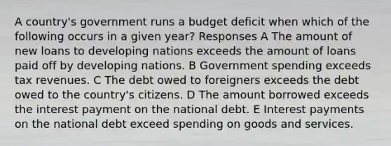 A country's government runs a budget deficit when which of the following occurs in a given year? Responses A The amount of new loans to developing nations exceeds the amount of loans paid off by developing nations. B Government spending exceeds tax revenues. C The debt owed to foreigners exceeds the debt owed to the country's citizens. D The amount borrowed exceeds the interest payment on the national debt. E Interest payments on the national debt exceed spending on goods and services.