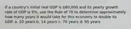 If a country's initial real GDP is 60,000 and its yearly growth rate of GDP is 5%, use the Rule of 70 to determine approximately how many years it would take for this economy to double its GDP. a. 20 years b. 14 years c. 70 years d. 95 years