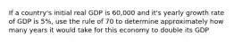 If a country's initial real GDP is 60,000 and it's yearly growth rate of GDP is 5%, use the rule of 70 to determine approximately how many years it would take for this economy to double its GDP