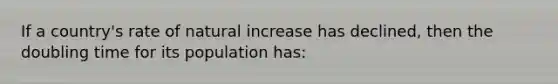 If a country's rate of natural increase has declined, then the doubling time for its population has: