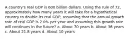 A country's real GDP is 600 billion dollars. Using the rule of 72, approximately how many years it will take for a hypothetical country to double its real GDP, assuming that the annual growth rate of real GDP is 2.0% per year and assuming this growth rate will continues in the future? a. About 70 years b. About 36 years c. About 21.8 years d. About 10 years