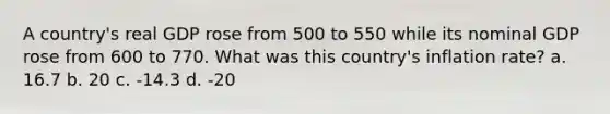 A country's real GDP rose from 500 to 550 while its nominal GDP rose from 600 to 770. What was this country's inflation rate? a. 16.7 b. 20 c. -14.3 d. -20