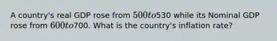 A country's real GDP rose from 500 to530 while its Nominal GDP rose from 600 to700. What is the country's inflation rate?