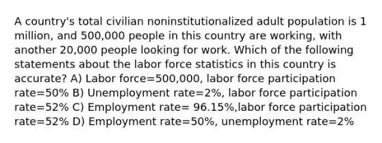 A country's total civilian noninstitutionalized adult population is 1 million, and 500,000 people in this country are working, with another 20,000 people looking for work. Which of the following statements about the labor force statistics in this country is accurate? A) Labor force=500,000, labor force participation rate=50% B) Unemployment rate=2%, labor force participation rate=52% C) Employment rate= 96.15%,labor force participation rate=52% D) Employment rate=50%, unemployment rate=2%