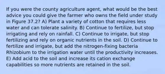 If you were the county agriculture agent, what would be the best advice you could give the farmer who owns the field under study in Figure 37.2? A) Plant a variety of cotton that requires less water and can tolerate salinity. B) Continue to fertilize, but stop irrigating and rely on rainfall. C) Continue to irrigate, but stop fertilizing and rely on organic nutrients in the soil. D) Continue to fertilize and irrigate, but add the nitrogen-fixing bacteria Rhizobium to the irrigation water until the productivity increases. E) Add acid to the soil and increase its cation exchange capabilities so more nutrients are retained in the soil.