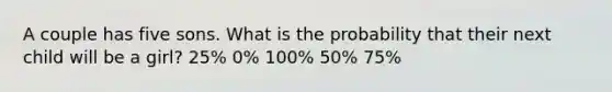 A couple has five sons. What is the probability that their next child will be a girl? 25% 0% 100% 50% 75%