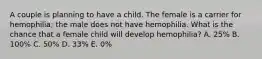 A couple is planning to have a child. The female is a carrier for hemophilia; the male does not have hemophilia. What is the chance that a female child will develop hemophilia? A. 25% B. 100% C. 50% D. 33% E. 0%