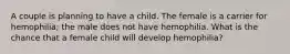 A couple is planning to have a child. The female is a carrier for hemophilia; the male does not have hemophilia. What is the chance that a female child will develop hemophilia?