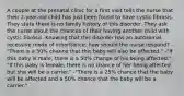 A couple at the prenatal clinic for a first visit tells the nurse that their 2-year-old child has just been found to have cystic fibrosis. They state there is no family history of this disorder. They ask the nurse about the chances of their having another child with cystic fibrosis. Knowing that this disorder has an autosomal-recessive mode of inheritance, how should the nurse respond? -"There is a 50% chance that this baby will also be affected." -"If this baby is male, there is a 50% change of his being affected." -"If this baby is female, there is no chance of her being affected, but she will be a carrier." -"There is a 25% chance that the baby will be affected and a 50% chance that the baby will be a carrier."