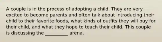 A couple is in the process of adopting a child. They are very excited to become parents and often talk about introducing their child to their favorite foods, what kinds of outfits they will buy for their child, and what they hope to teach their child. This couple is discussing the __________ arena.