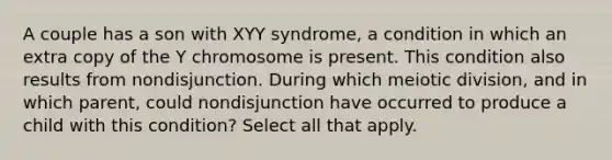 A couple has a son with XYY syndrome, a condition in which an extra copy of the Y chromosome is present. This condition also results from nondisjunction. During which meiotic division, and in which parent, could nondisjunction have occurred to produce a child with this condition? Select all that apply.