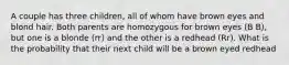 A couple has three children, all of whom have brown eyes and blond hair. Both parents are homozygous for brown eyes (B B), but one is a blonde (rr) and the other is a redhead (Rr). What is the probability that their next child will be a brown eyed redhead