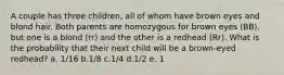 A couple has three children, all of whom have brown eyes and blond hair. Both parents are homozygous for brown eyes (BB), but one is a blond (rr) and the other is a redhead (Rr). What is the probability that their next child will be a brown-eyed redhead? a. 1/16 b.1/8 c.1/4 d.1/2 e. 1