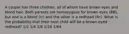 A couple has three children, all of whom have brown eyes and blond hair. Both parents are homozygous for brown eyes (BB), but one is a blond (rr) and the other is a redhead (Rr). What is the probability that their next child will be a brown-eyed redhead? 1/2 1/4 1/8 1/16 1/64