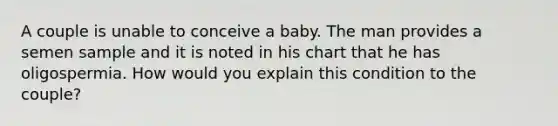 A couple is unable to conceive a baby. The man provides a semen sample and it is noted in his chart that he has oligospermia. How would you explain this condition to the couple?