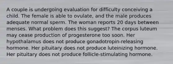 A couple is undergoing evaluation for difficulty conceiving a child. The female is able to ovulate, and the male produces adequate normal sperm. The woman reports 20 days between menses. What problem does this suggest? The corpus luteum may cease production of progesterone too soon. Her hypothalamus does not produce gonadotropin-releasing hormone. Her pituitary does not produce luteinizing hormone. Her pituitary does not produce follicle-stimulating hormone.