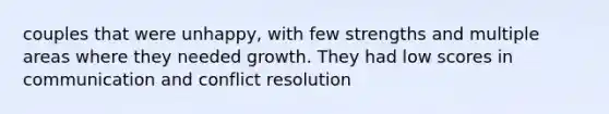 couples that were unhappy, with few strengths and multiple areas where they needed growth. They had low scores in communication and conflict resolution