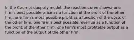 In the Cournot duopoly model, the reaction curve shows: one firm's best possible price as a function of the profit of the other firm. one firm's most possible profit as a function of the costs of the other firm. one firm's best possible revenue as a function of the profit of the other firm. one firm's most profitable output as a function of the output of the other firm.